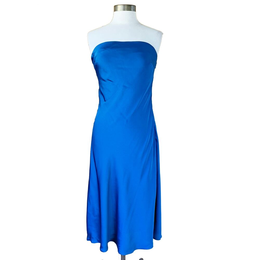 NEW EXPRESS Satin Strapless Midi Maxi Slip Dress Medium Cobalt Blue Minimalist - Picture 2 of 8